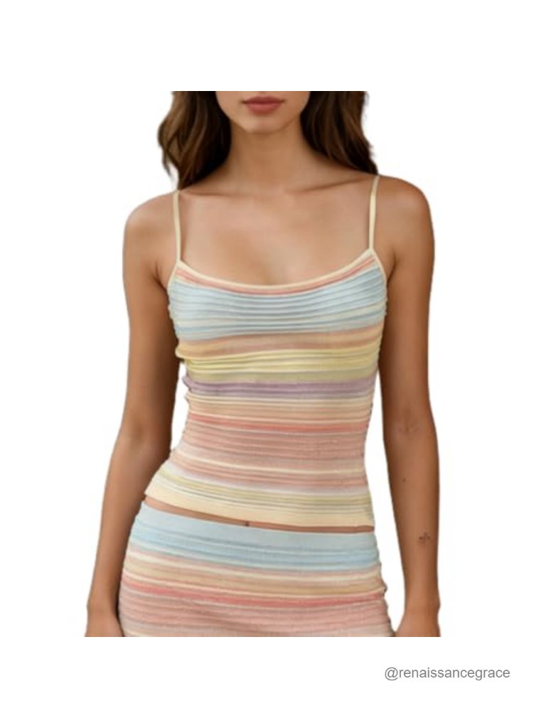 Y2k Knitted Striped Tank Top Spaghetti Strap Crop Scoop Neck Slim Fit Sleeveless